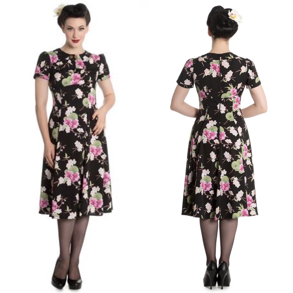 Vintage-Inspired Black Floral Fit & Flare Dress with Pink Blooms